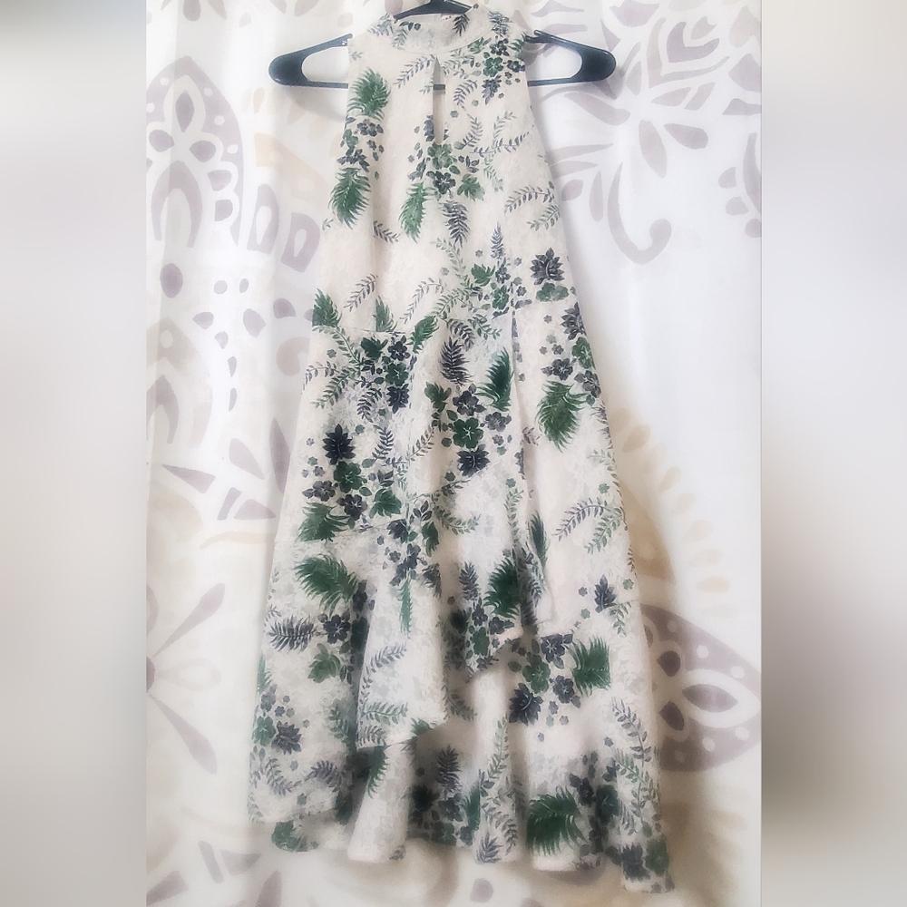 New York & Company Cream Halter Dress with Green Botanical Print